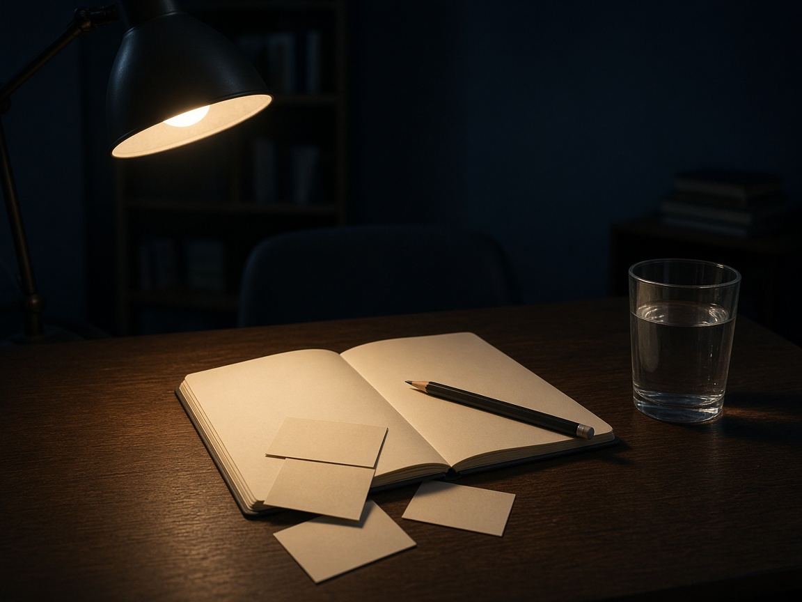 Pult om kvelden, opplyst av én skrivebordslampe, med notatbok, kort og et glass vann